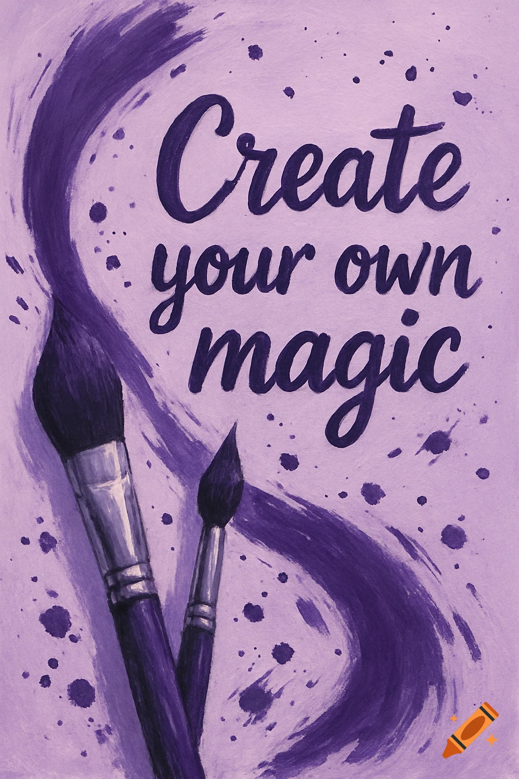 Purple watercolor painting of paint brushes, splatters, and the text 'Create your own magic'.