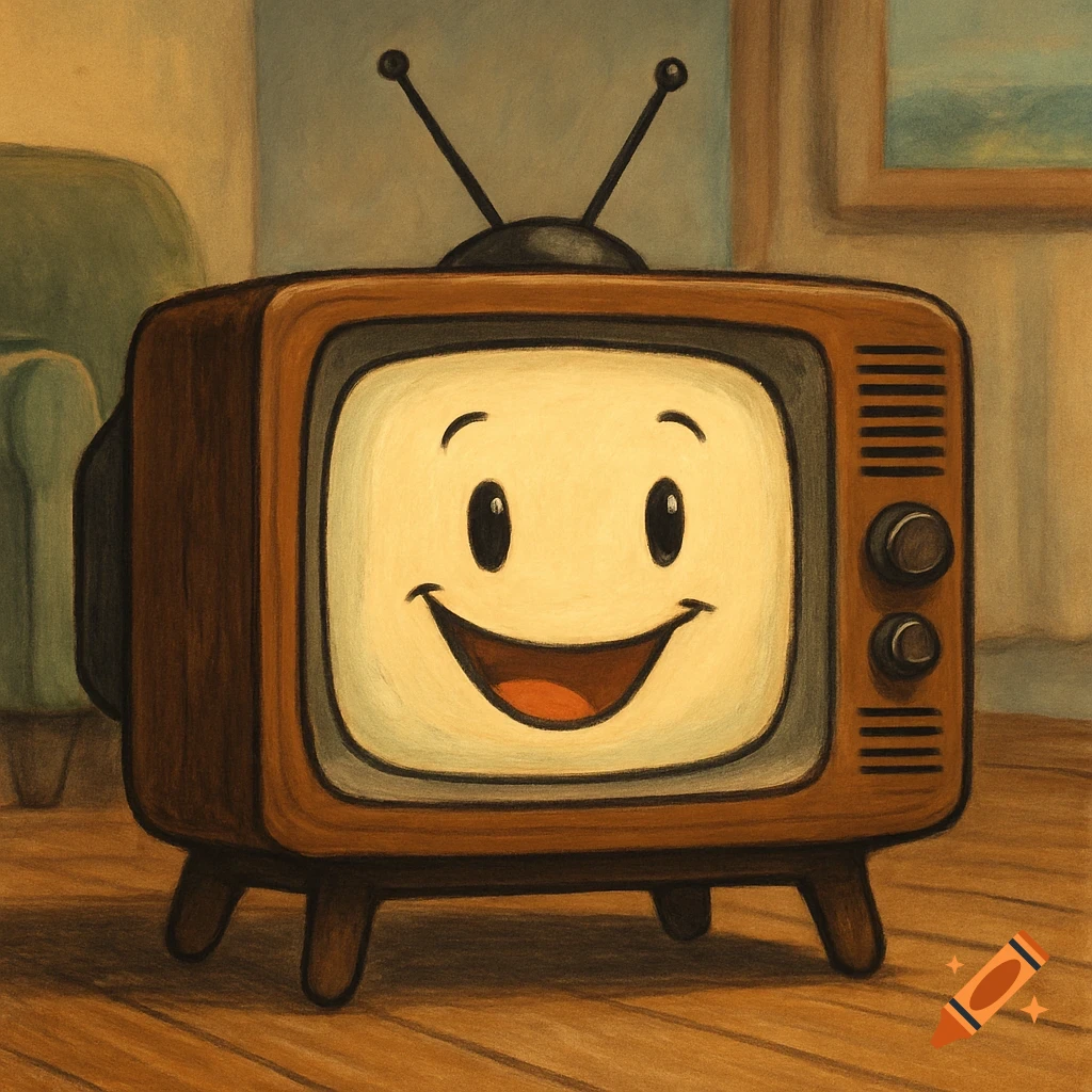 Cartoon illustration of an old television with a happy face on the screen, sitting on a wooden floor.