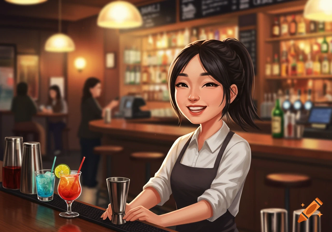 A smiling bartender mixing cocktails behind a bar in an illustration.