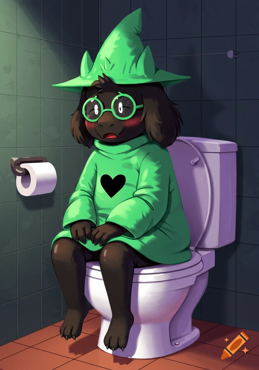 Ralsei from Deltarune sitting on a toilet in a bathroom.