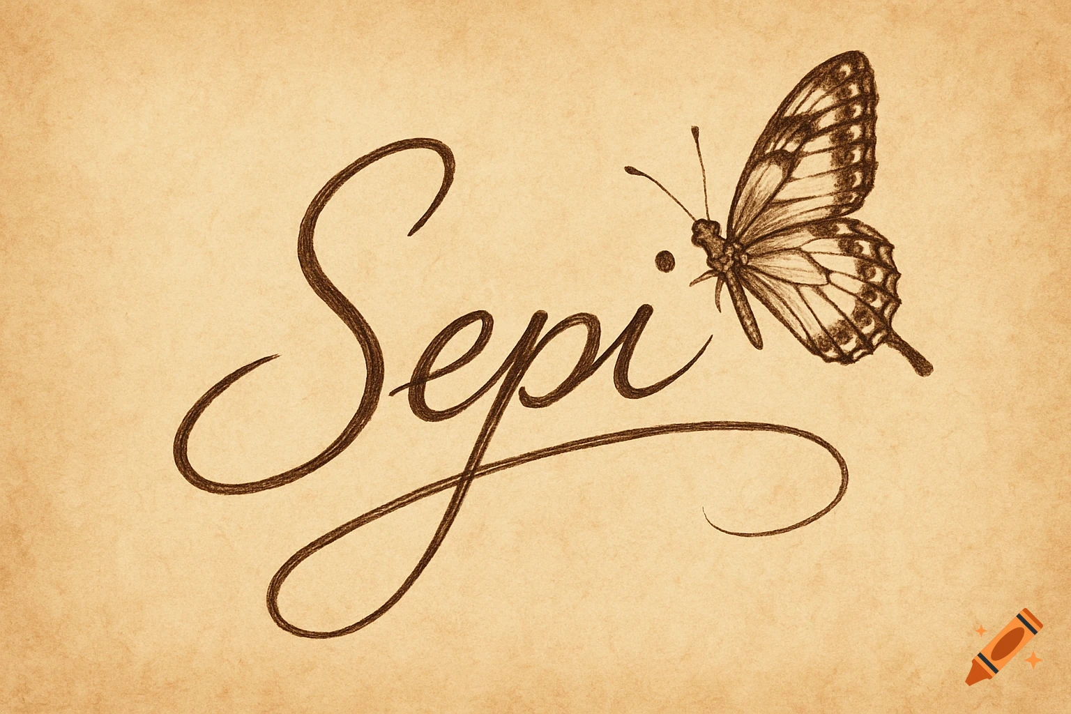 Sketch of a butterfly next to the signature 'Sepi' on aged paper