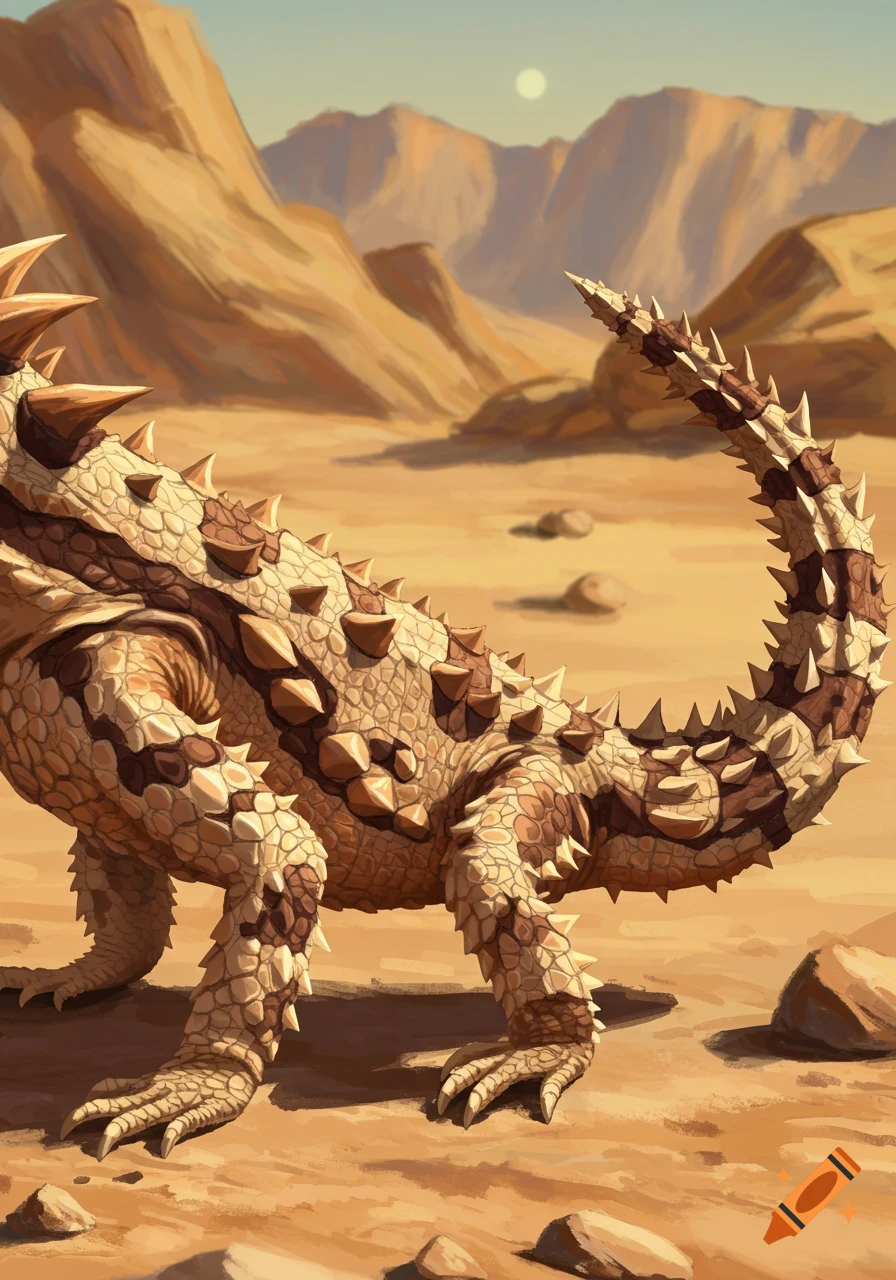 A thorny lizard stands in a sandy desert landscape with mountains.