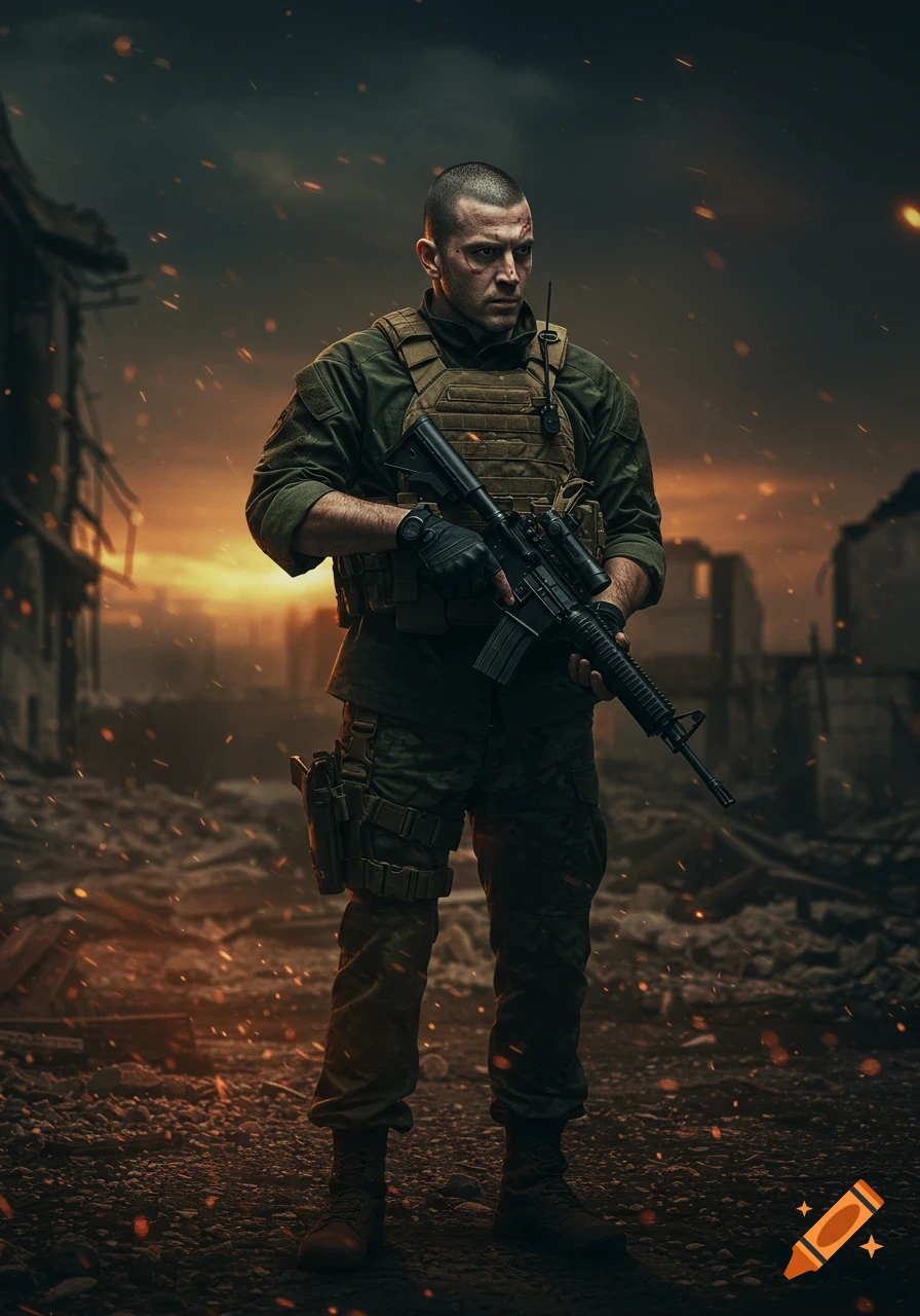 A soldier stands in a destroyed city at sunset, holding a rifle.