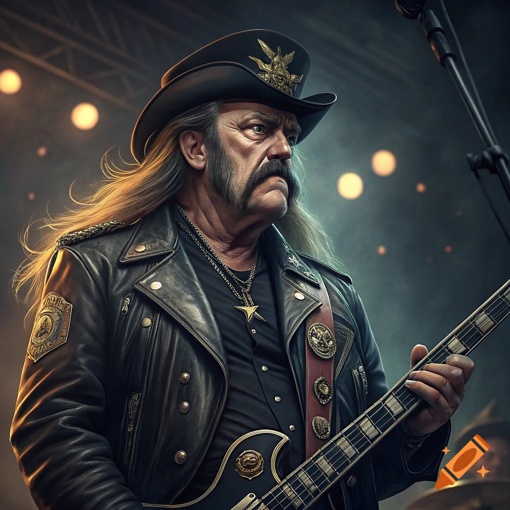 Man with mustache and long hair in cowboy hat and leather jacket playing bass guitar on stage.