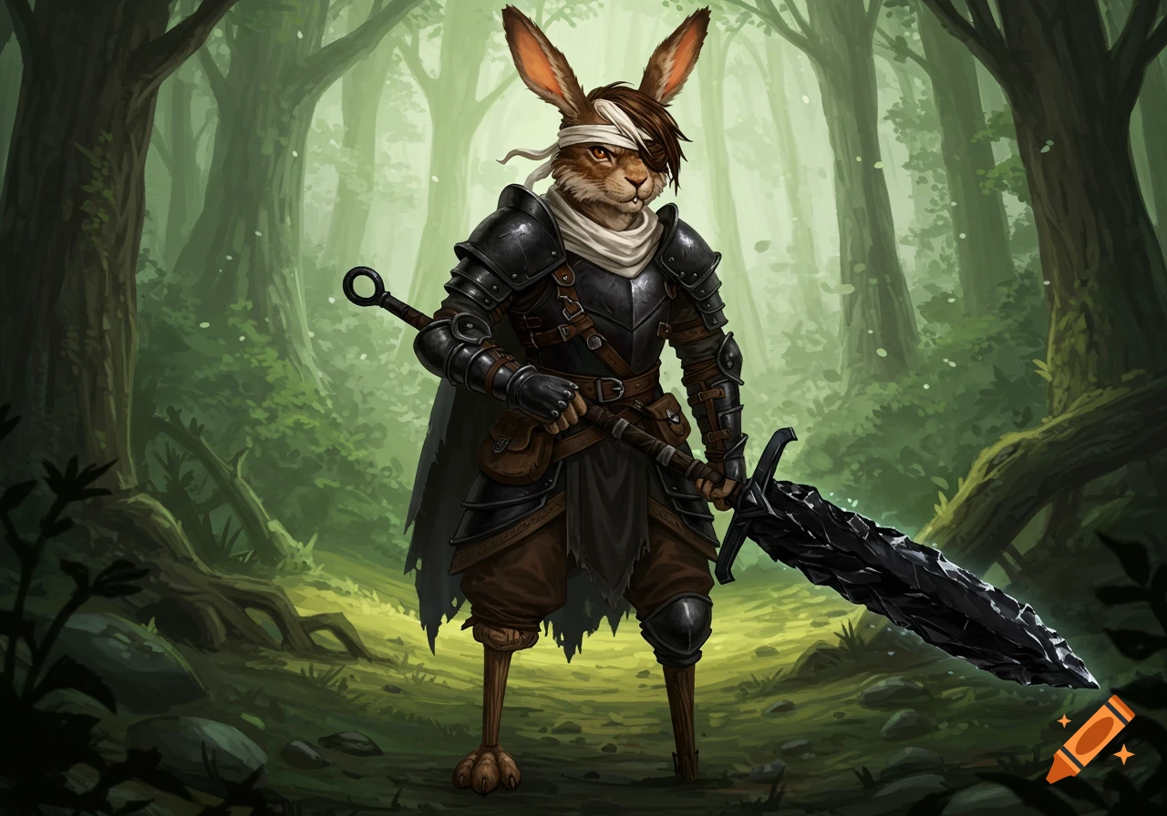 Harengon character in armor holding a greatsword in a forest, D&D concept art style.