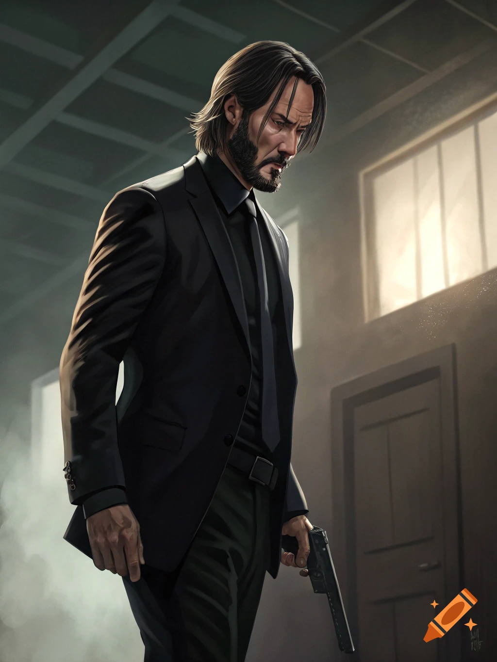 Digital painting of a man resembling John Wick in a black suit, holding a pistol.