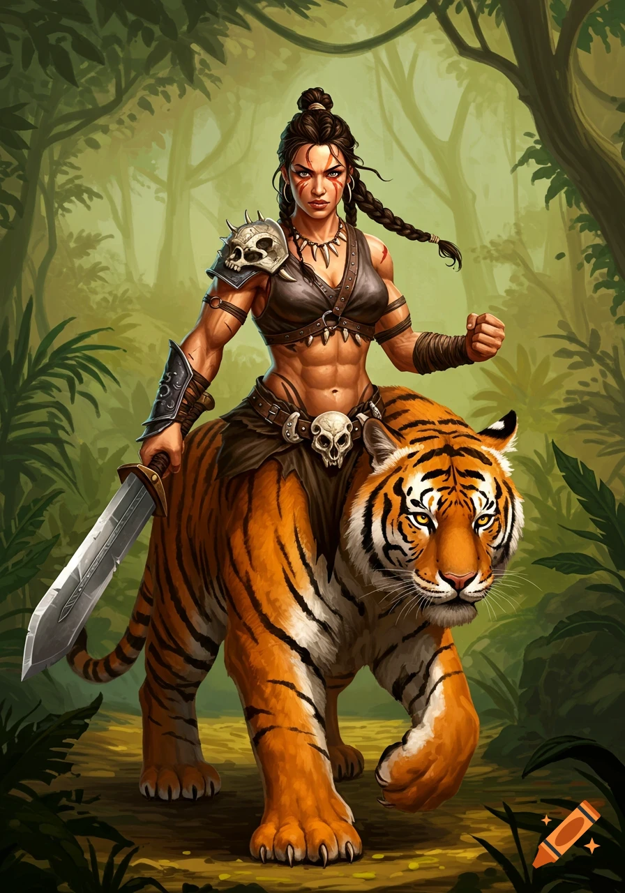 A muscular female warrior rides a tiger through a jungle. Fantasy illustration.