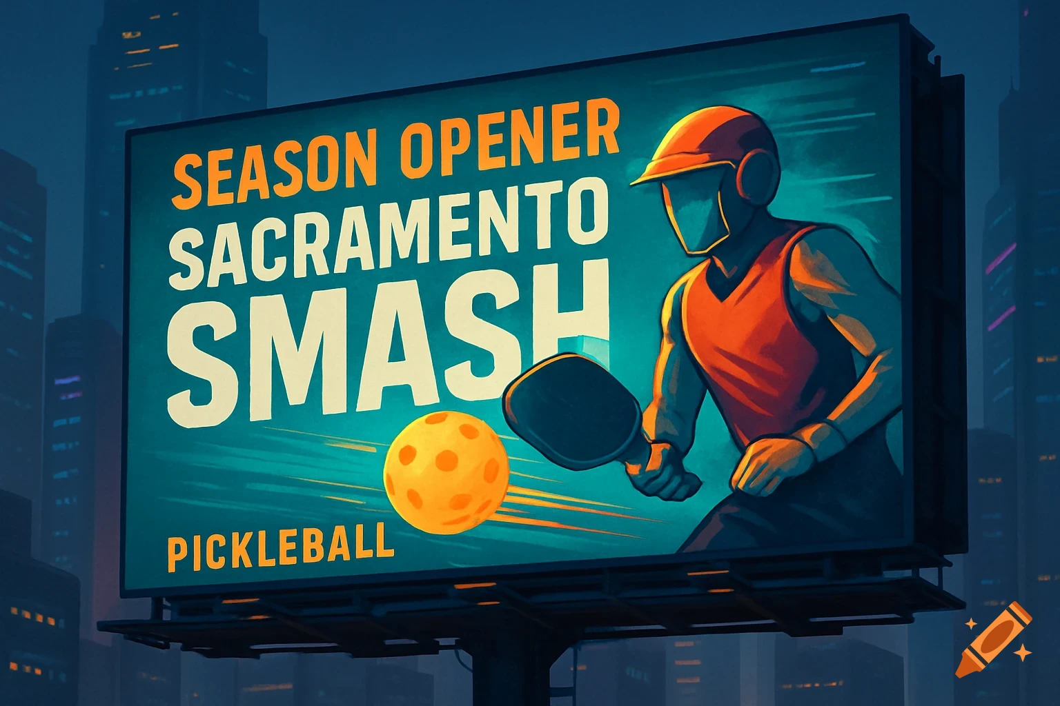 A large billboard advertisement for a pickleball season opener, showing a player and the team name 'Sacramento Smash' against a city skyline.