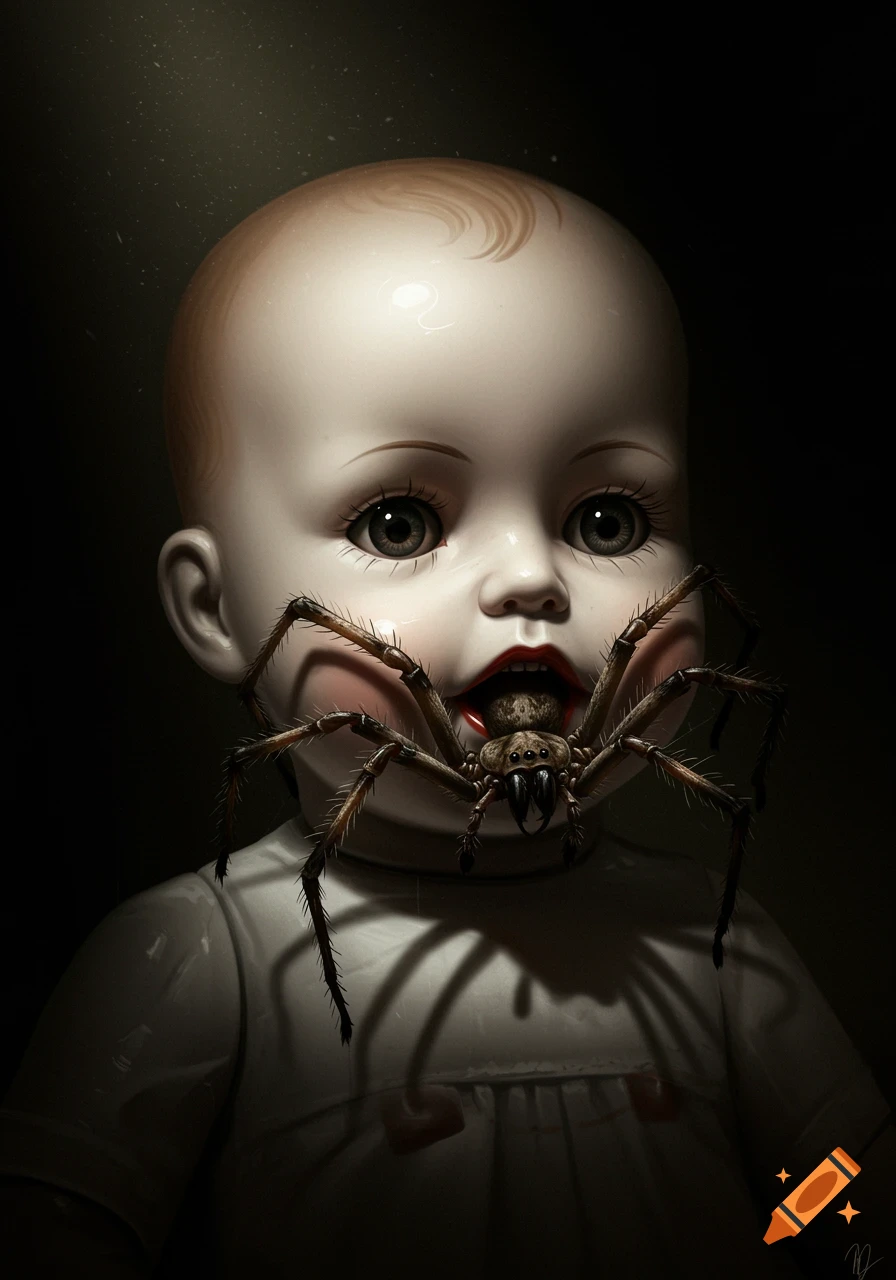 Close-up of a baby doll with a large spider emerging from its mouth.