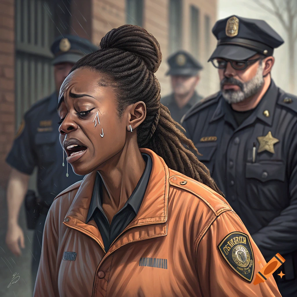 A Black woman with dreadlocks cries in the rain while being arrested by police officers.