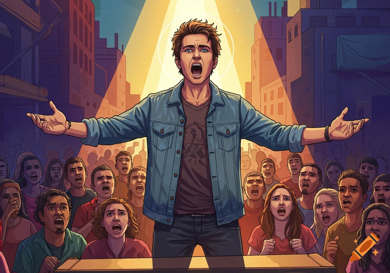 Illustrated scene of a young man speaking to an excited crowd in a city, illuminated by a bright light.