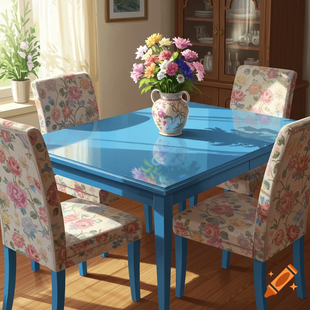 Dining table with floral chairs and a vase of flowers in a sunny room