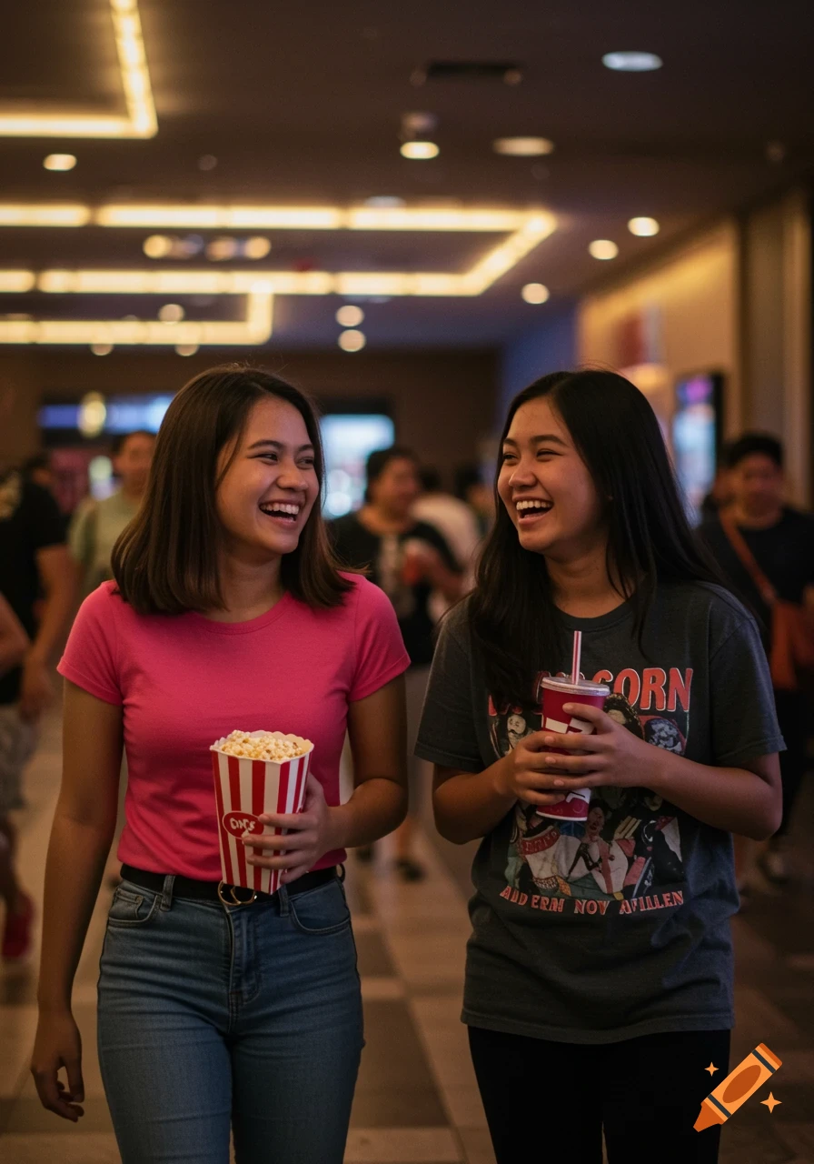 Two young women walk and laugh in a movie theater lobby, one with popcorn and the other with a drink.