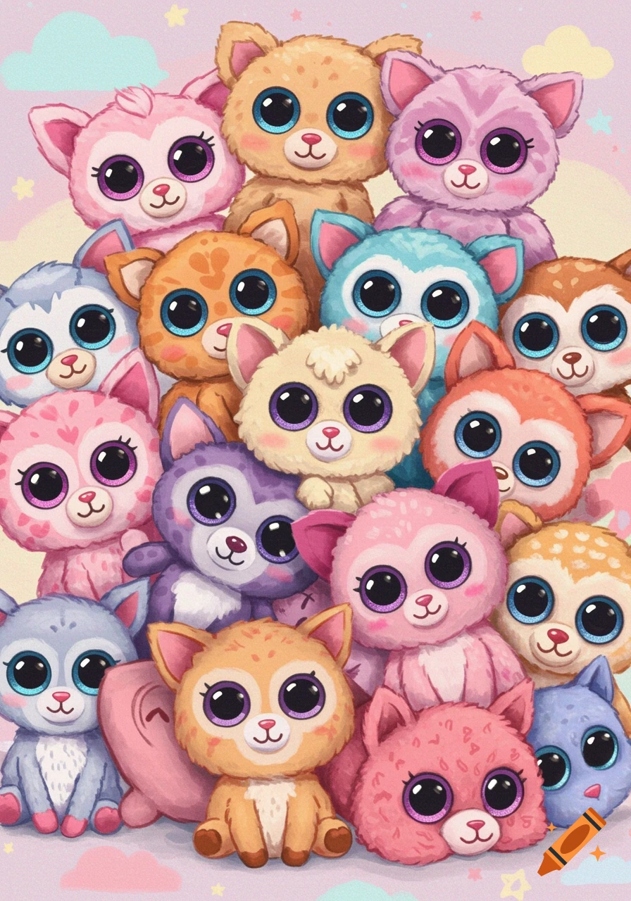 A pile of colorful, cute plush animals with large sparkly eyes, similar to Beanie Boos.