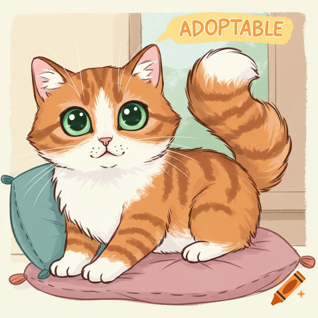 Cute orange and white cat drawing with green eyes sitting on pillows, text reads ADOPTABLE.