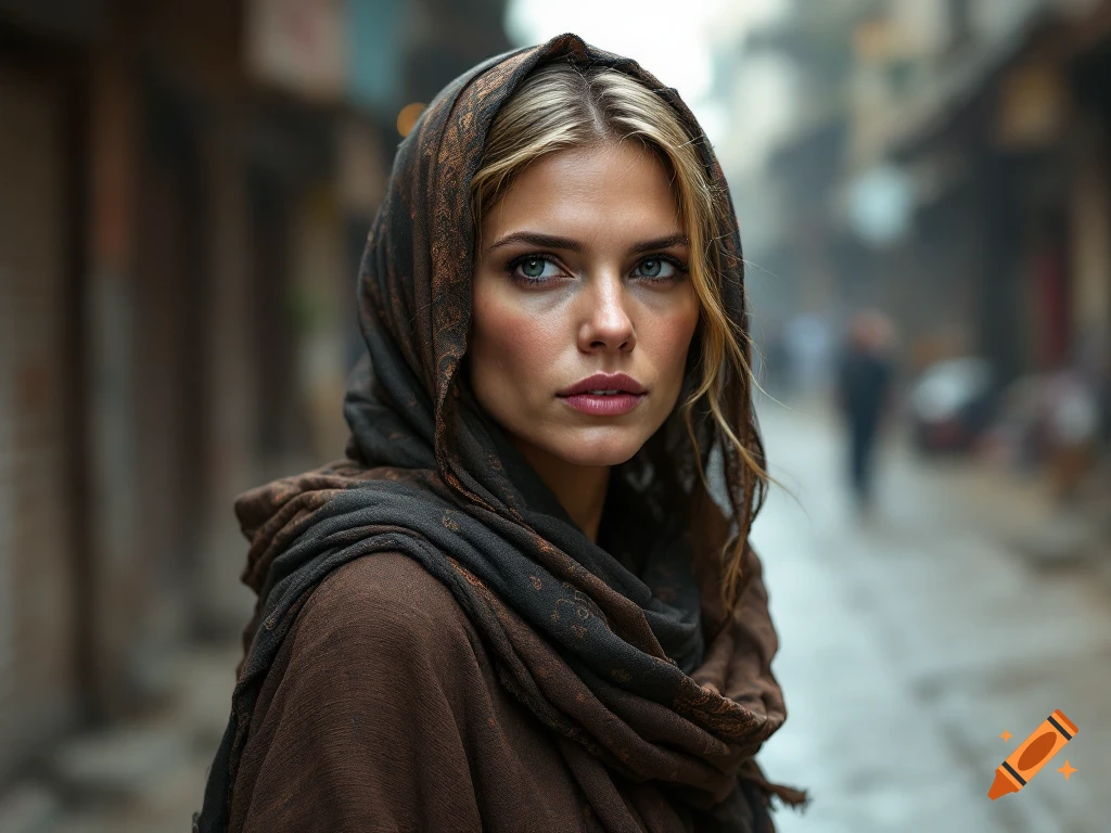 A close-up portrait of a woman in a headscarf on a street.