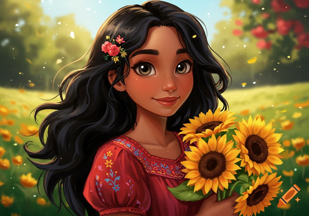 A cartoon girl with dark hair holds sunflowers in a sunny field.
