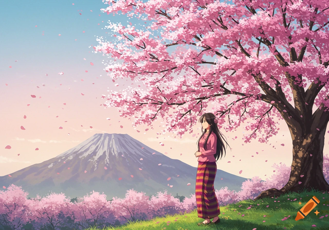 Anime style image of a woman in traditional dress standing under a cherry blossom tree with a mountain in the background.