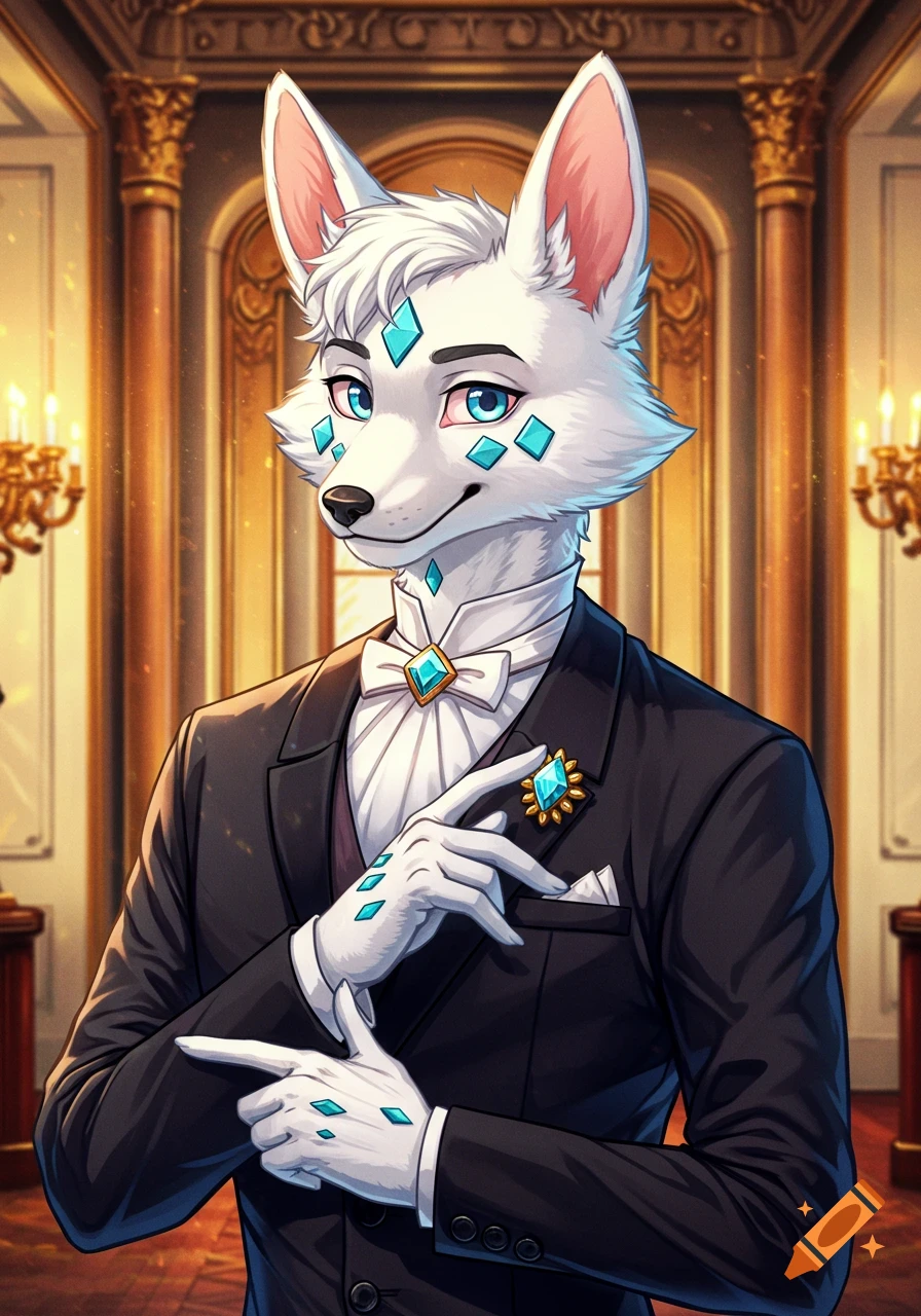 Anthro fox character in a tuxedo with blue diamonds, standing in an opulent room.