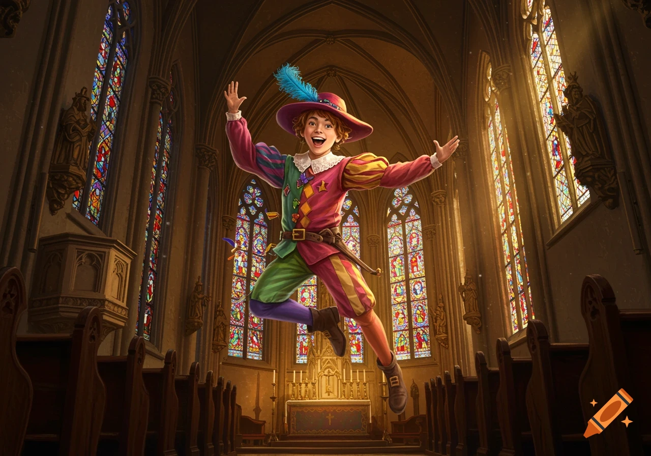 A boy in a medieval jester costume jumps in a church, bathed in light from stained glass windows.