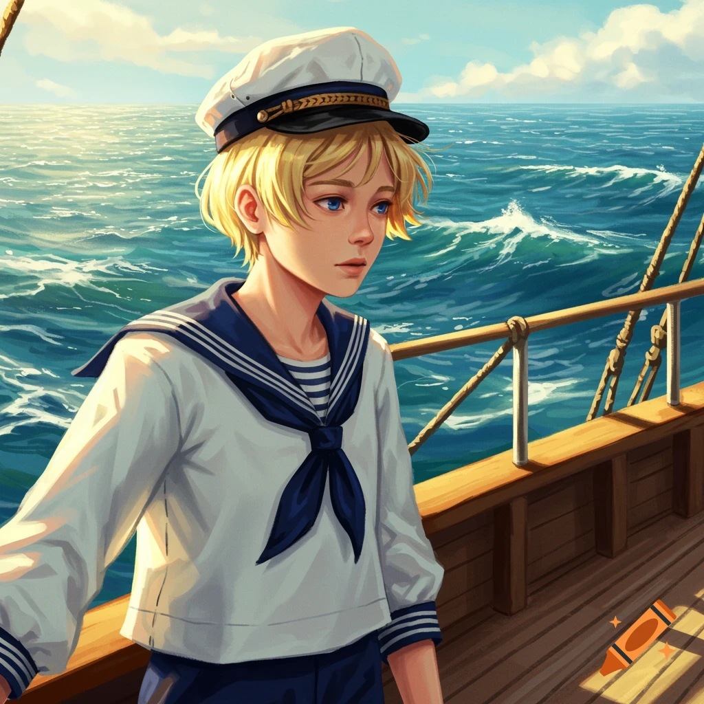Illustration of a blond boy in a sailor hat and uniform standing on a boat deck, looking out at the sea.