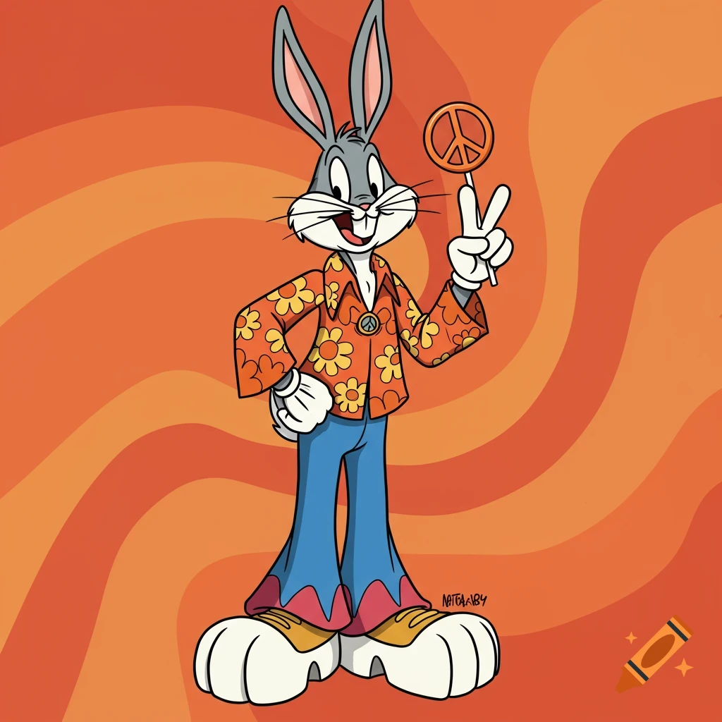 Bugs Bunny cartoon in 1970s floral shirt and bell bottoms holding a peace sign lollipop against an orange swirling background.