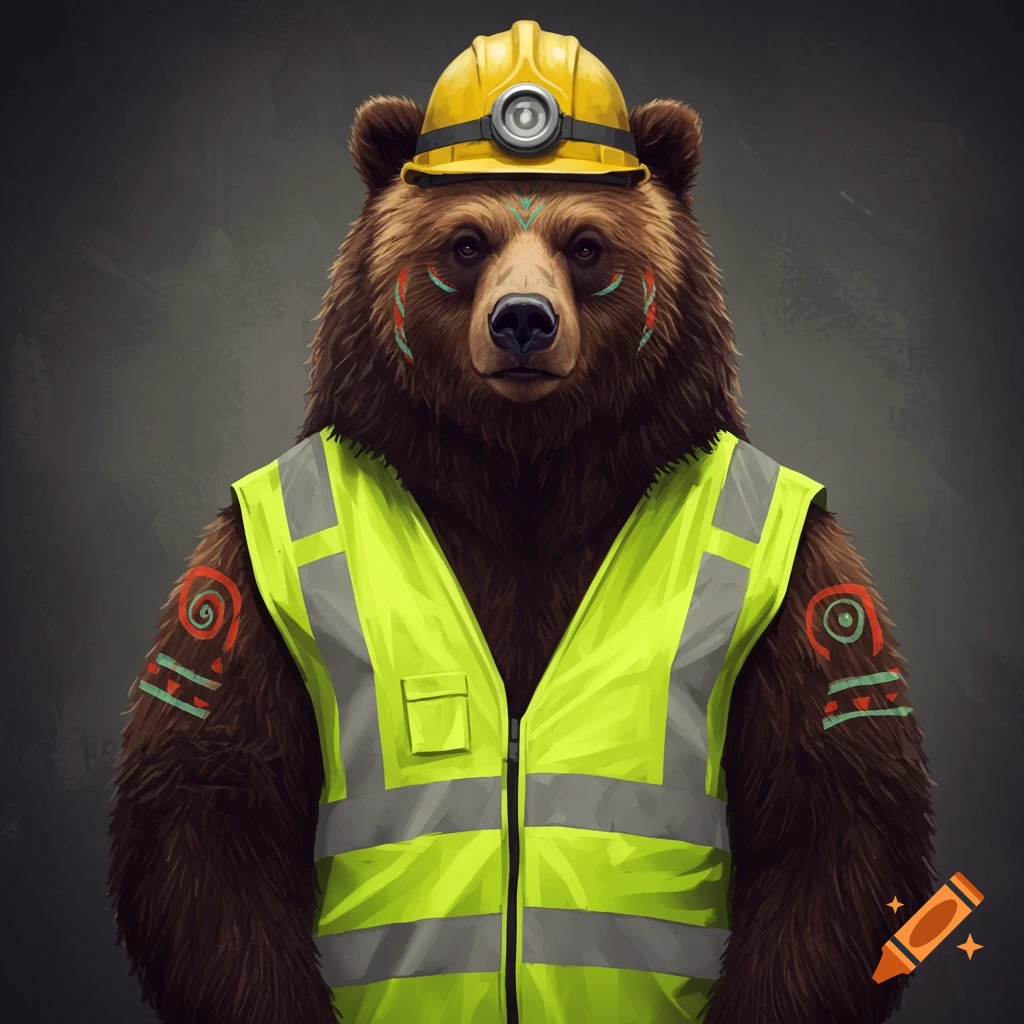 A tribal style bear wearing a yellow hard hat and a bright green hi-vis vest.