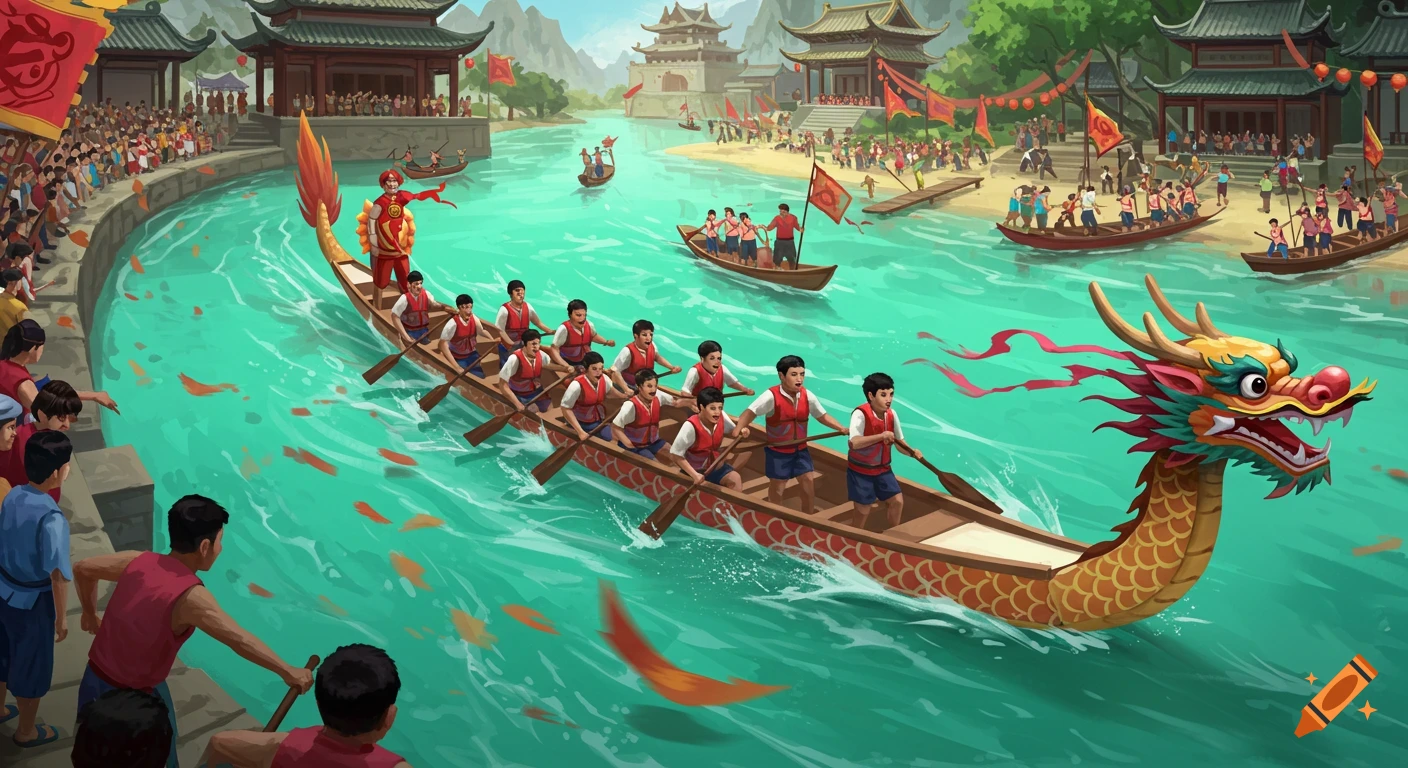 A dragon boat race on a river, with paddlers in a long boat, spectators on the shore, and traditional buildings in the background.