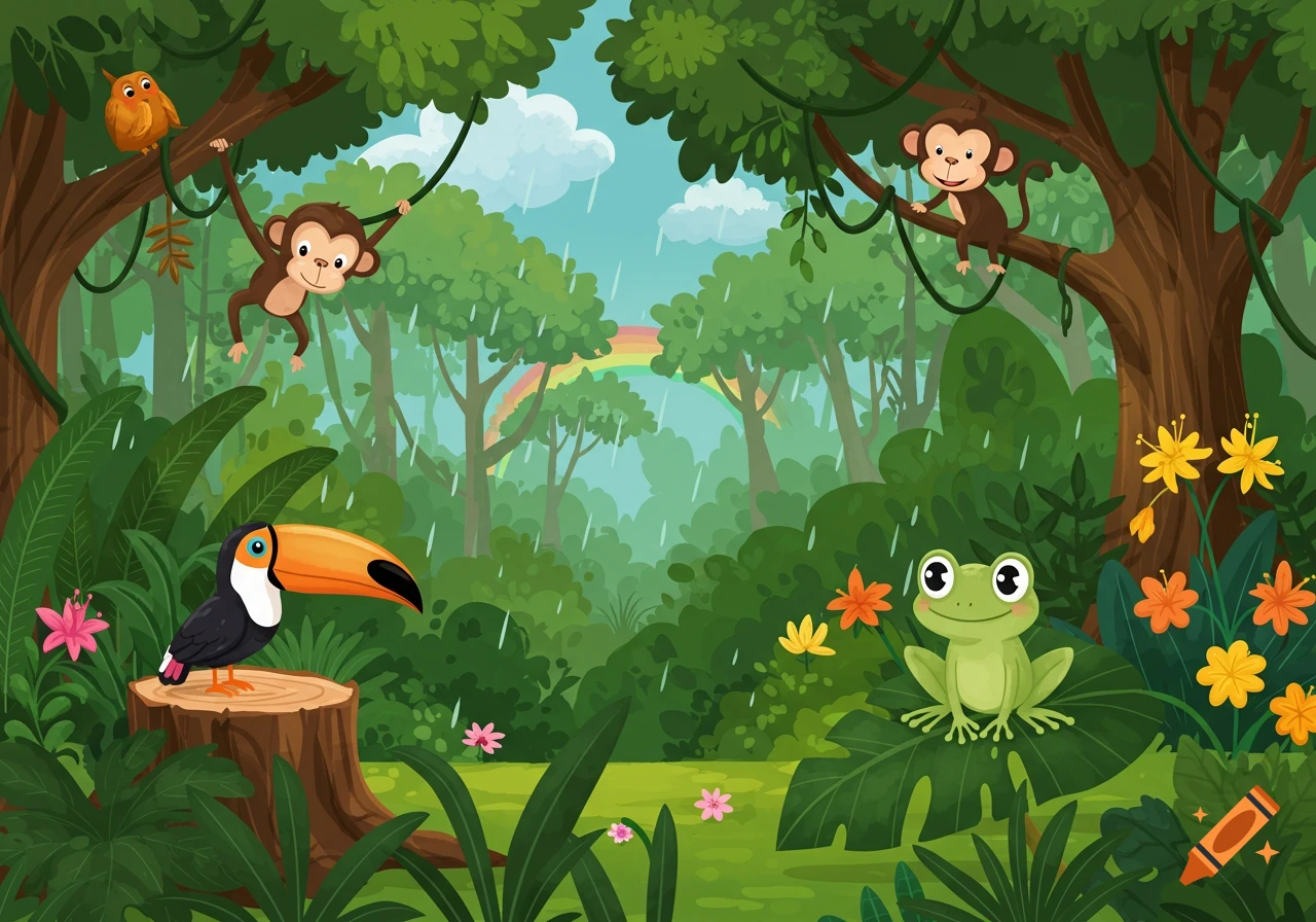 Cartoon rainforest scene with monkeys, toucan, frog, owl, rain, and a rainbow