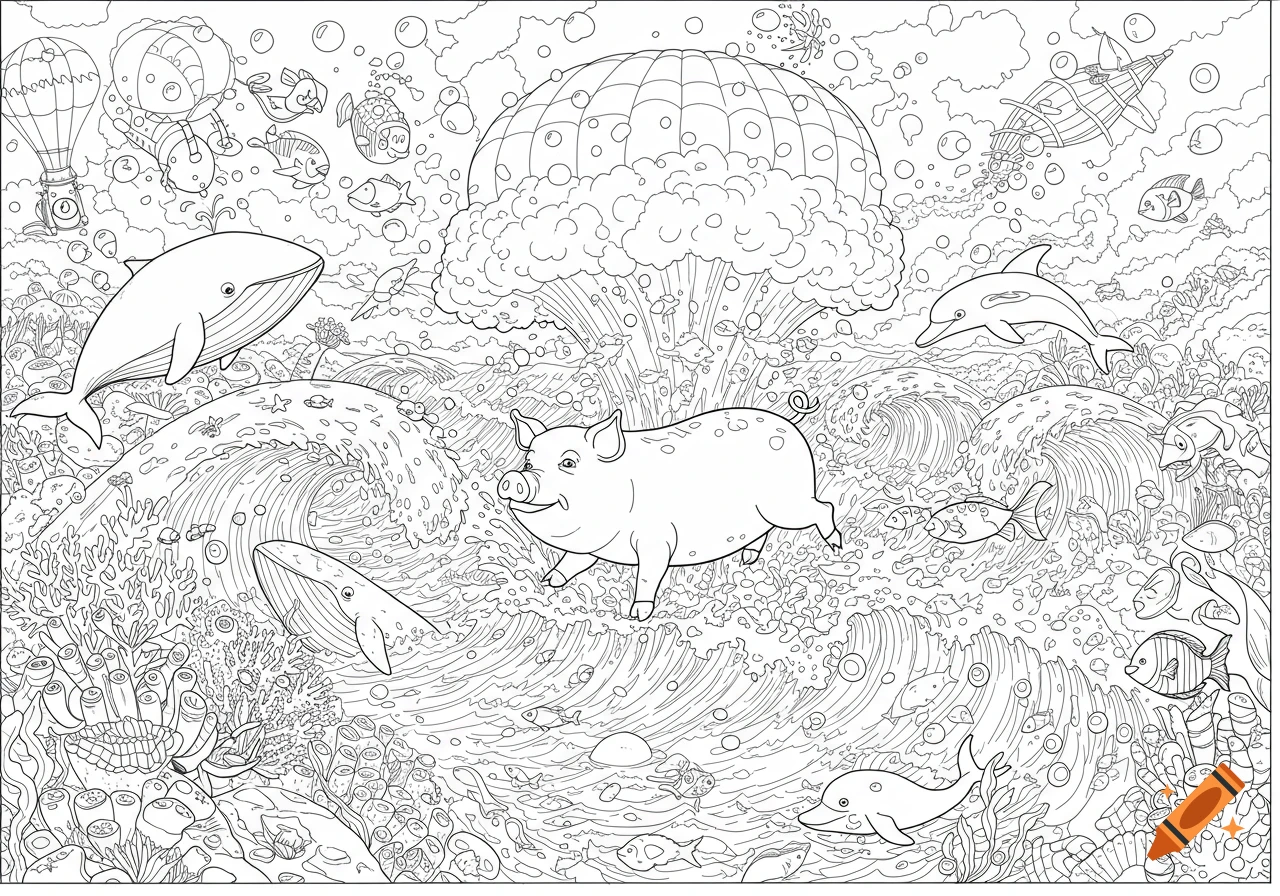Line drawing coloring page of a cartoon pig swimming in the ocean with whales, dolphins, fish, and a hot air balloon explosion cloud.