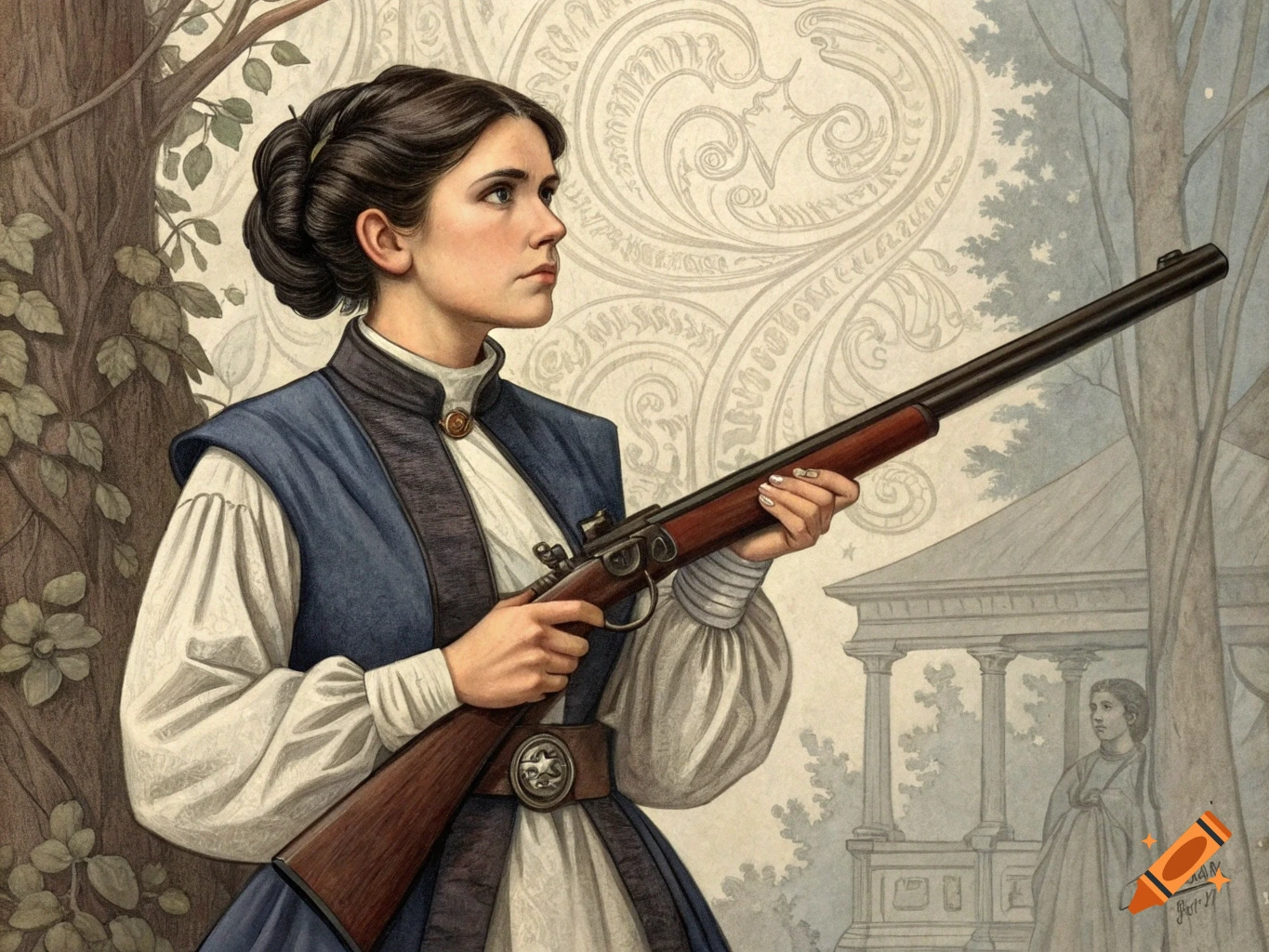 Victorian painting of a young woman with a musket