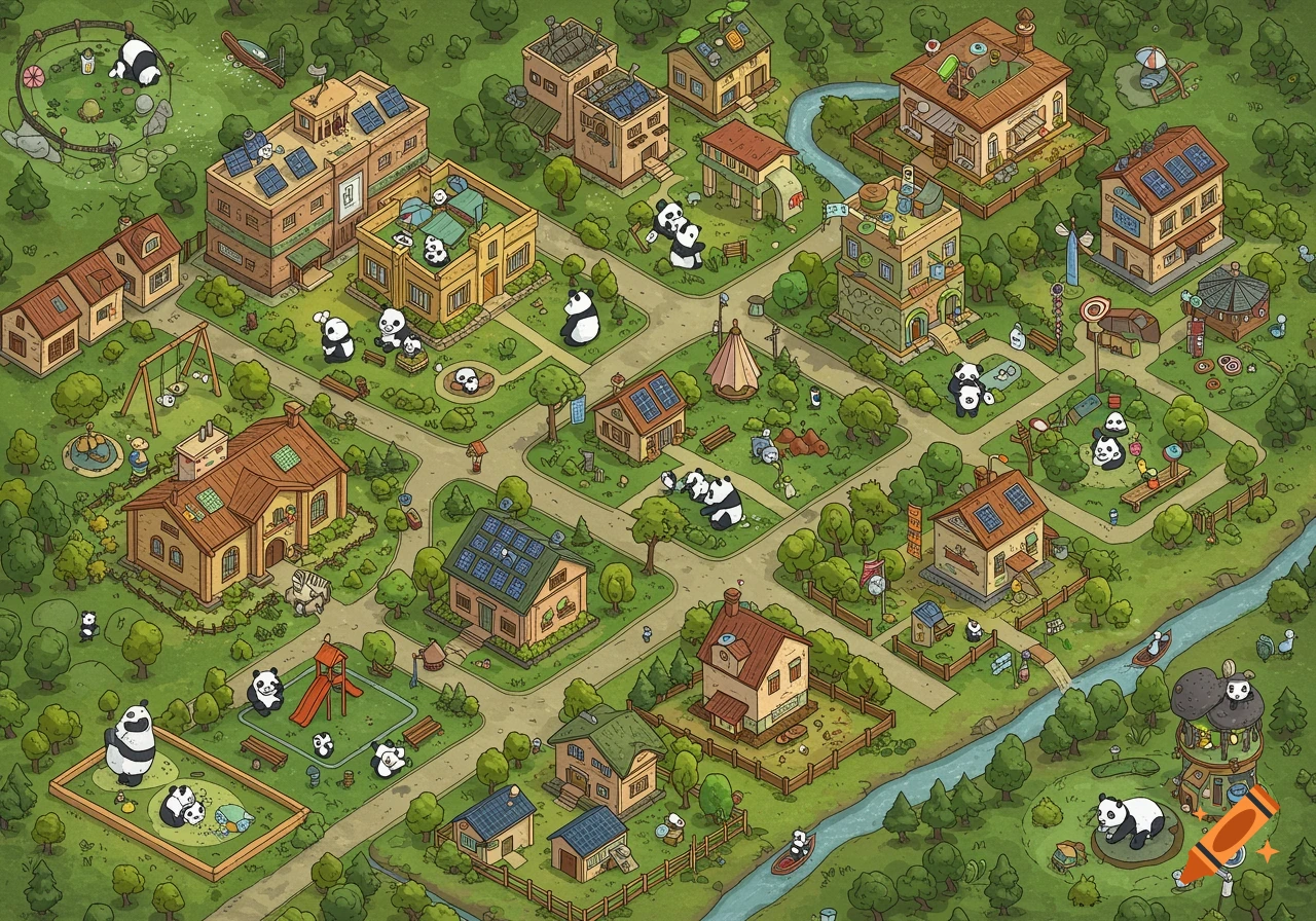 Isometric cartoon illustration of a city populated by pandas, featuring houses, parks, a school, and shops.