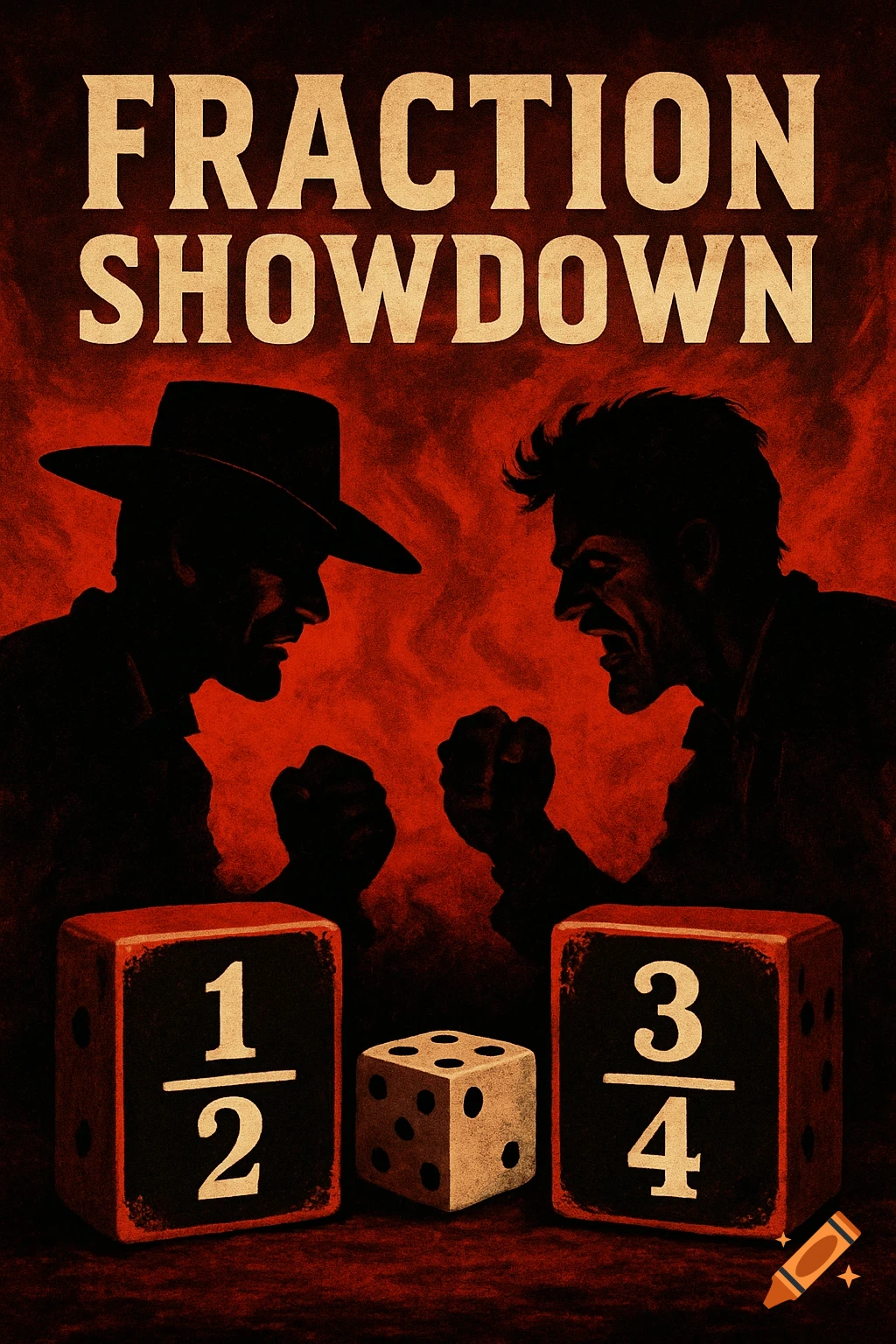 Wild West style poster with silhouetted figures, dice with fractions 1/2 and 3/4, and text 'FRACTION SHOWDOWN'