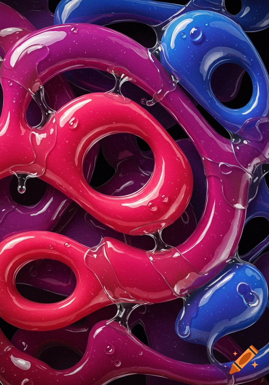 Glossy, abstract shapes in pink, purple, and blue tangled together with liquid drips.