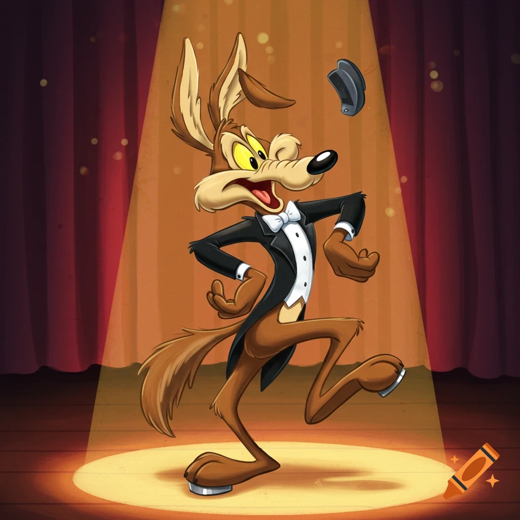 Wile E. Coyote in a tuxedo tap dances on a stage under a spotlight.