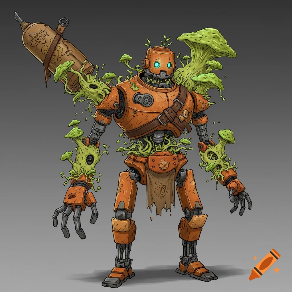 Character illustration of an orange robot overtaken by green fungus growth, holding a large syringe-like weapon.