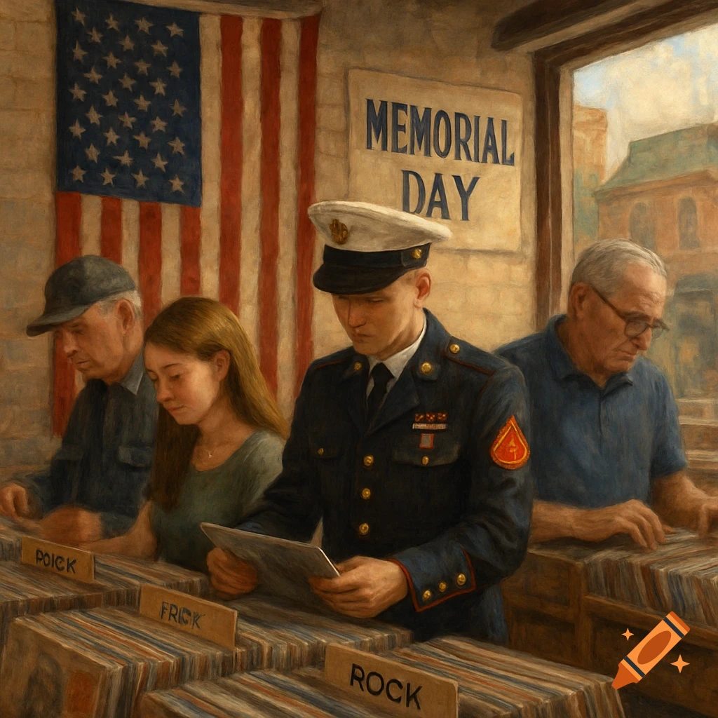 Painting of people, including a marine, looking through records in a store with an American flag and a Memorial Day sign.