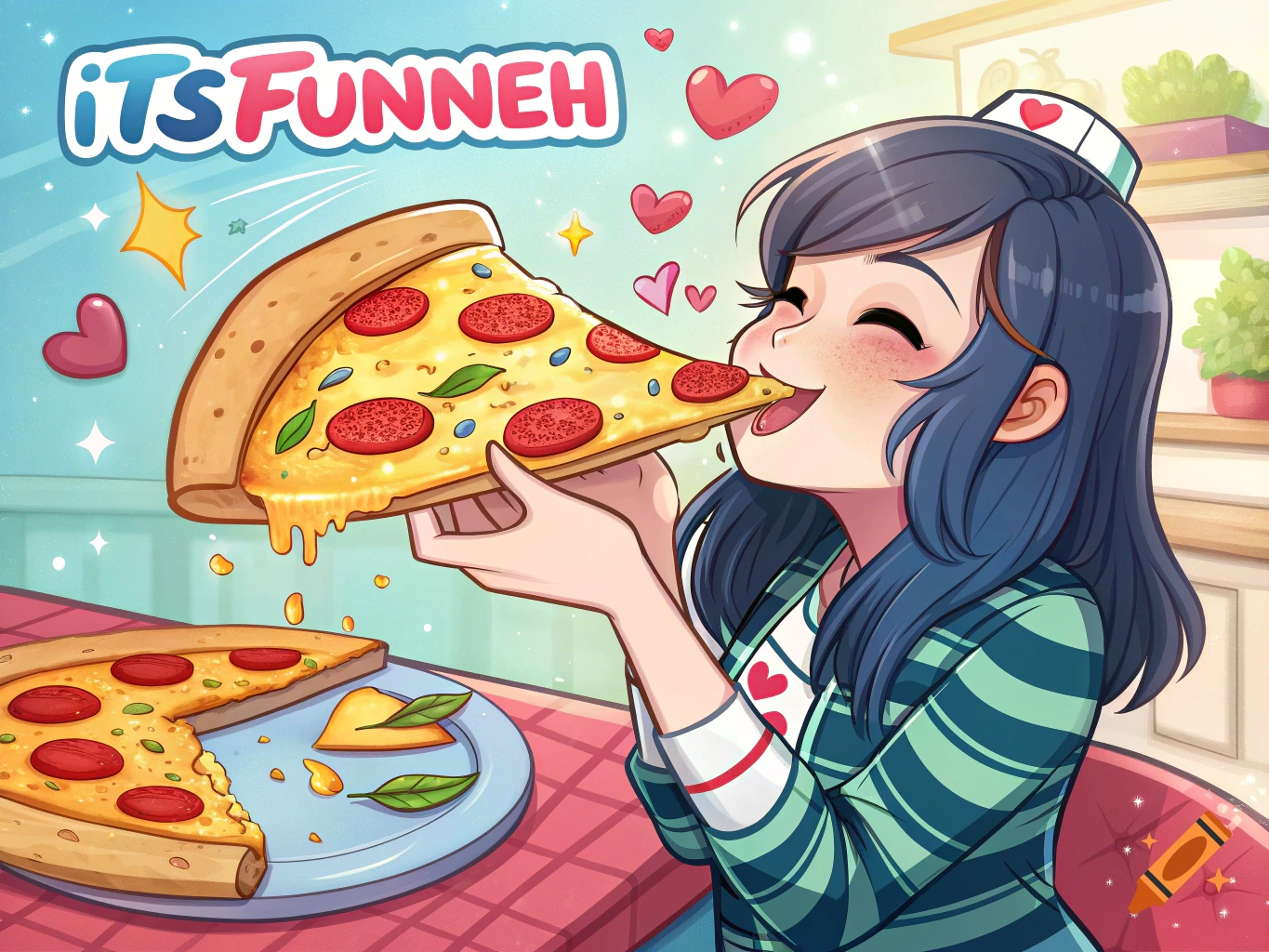 Anime girl happily eating a large slice of pepperoni pizza with the text iTSFUNNEH above.