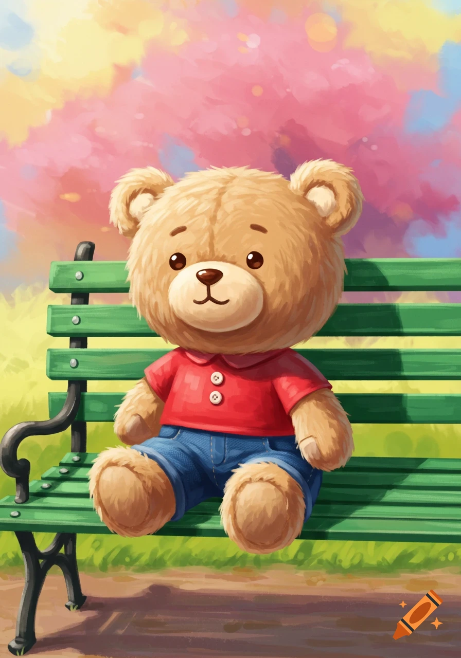 Illustration of a cute teddy bear wearing a red shirt and blue shorts, sitting on a green park bench.
