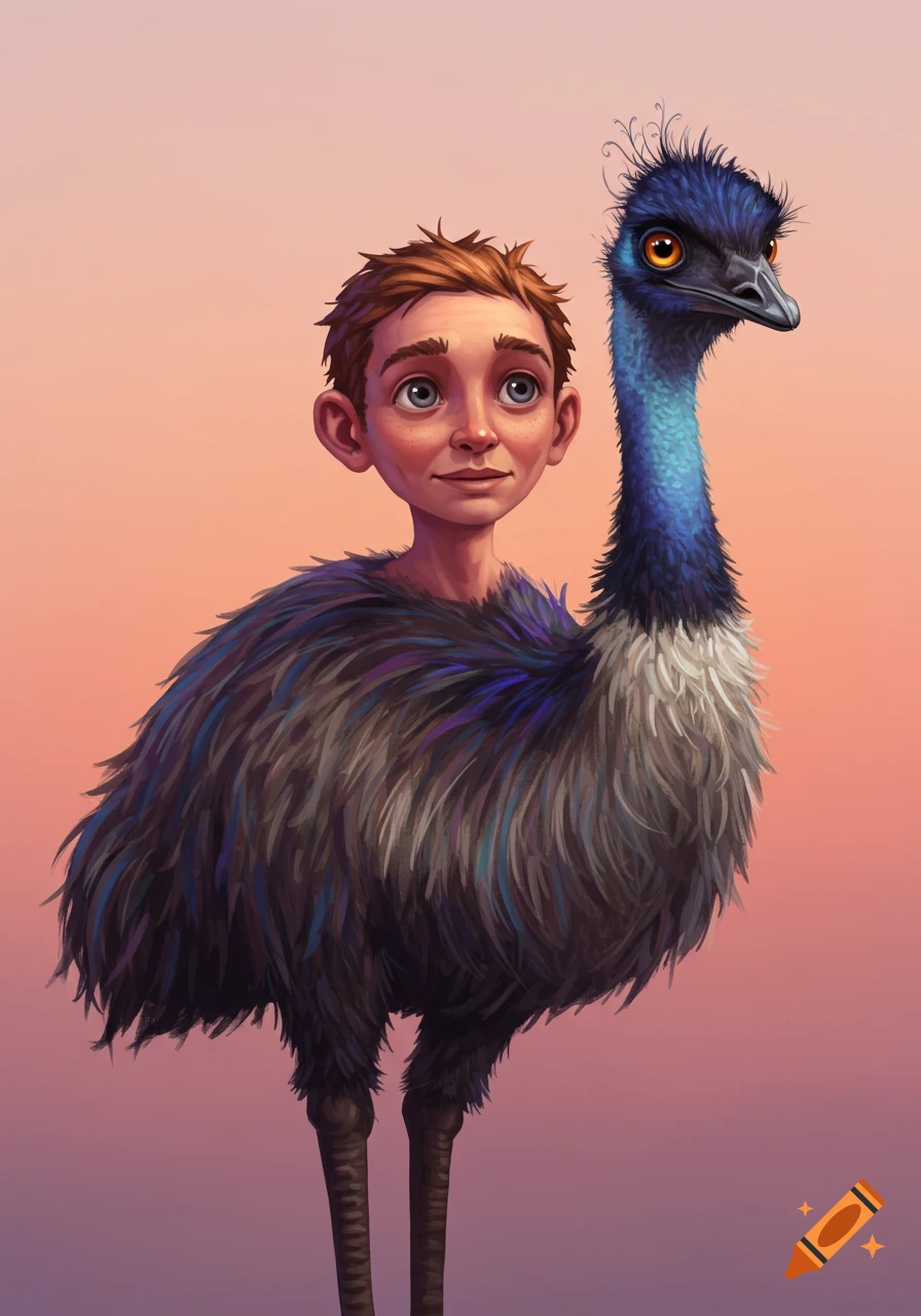 Illustration of a boy's head on an emu body against a pastel sky