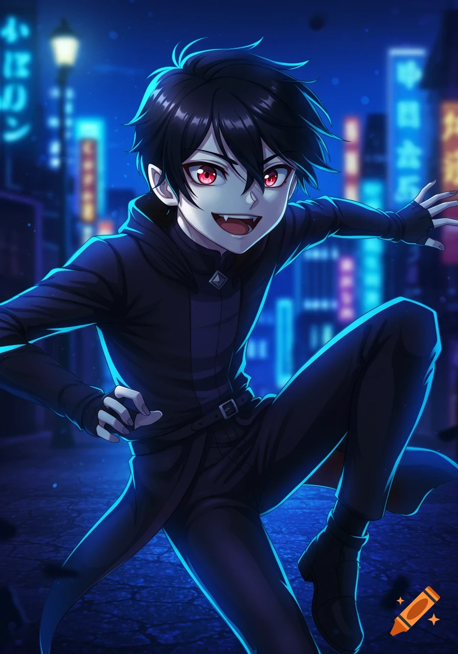 Anime style vampire boy with red eyes and fangs in a dark city street at night.