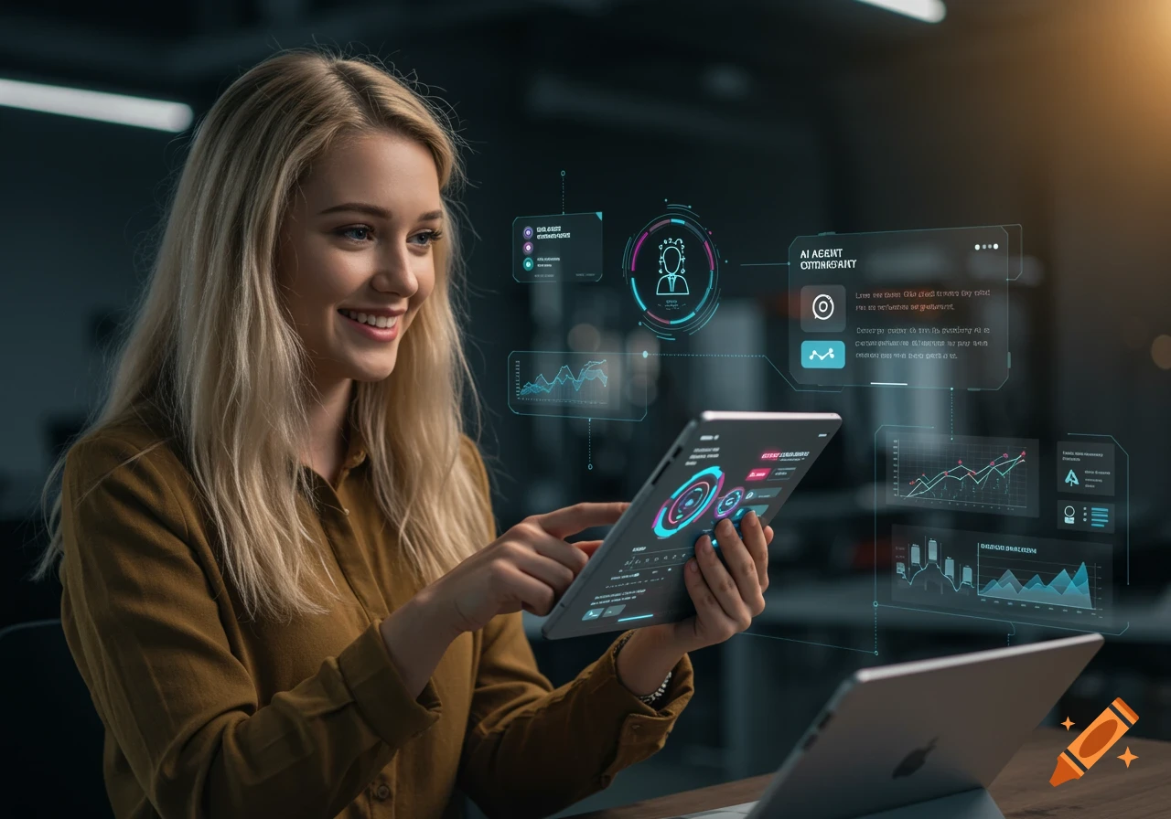 A woman smiles while using a tablet with glowing digital interfaces showing data visualizations.