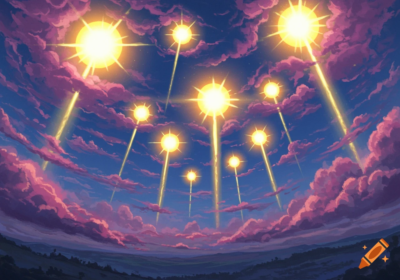 Stylized fantasy sky with many glowing suns and pink clouds over a landscape.