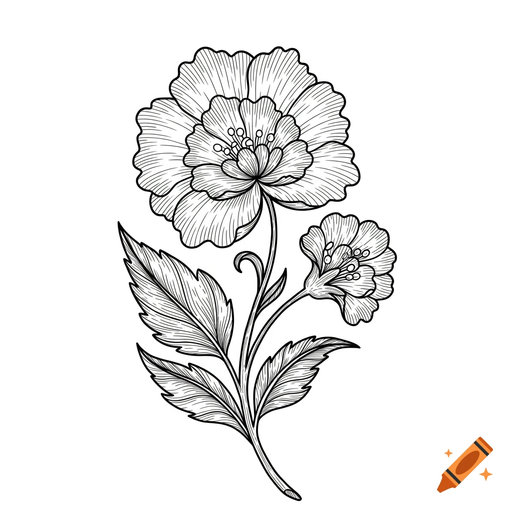 Black and white line drawing of two detailed flowers and leaves.