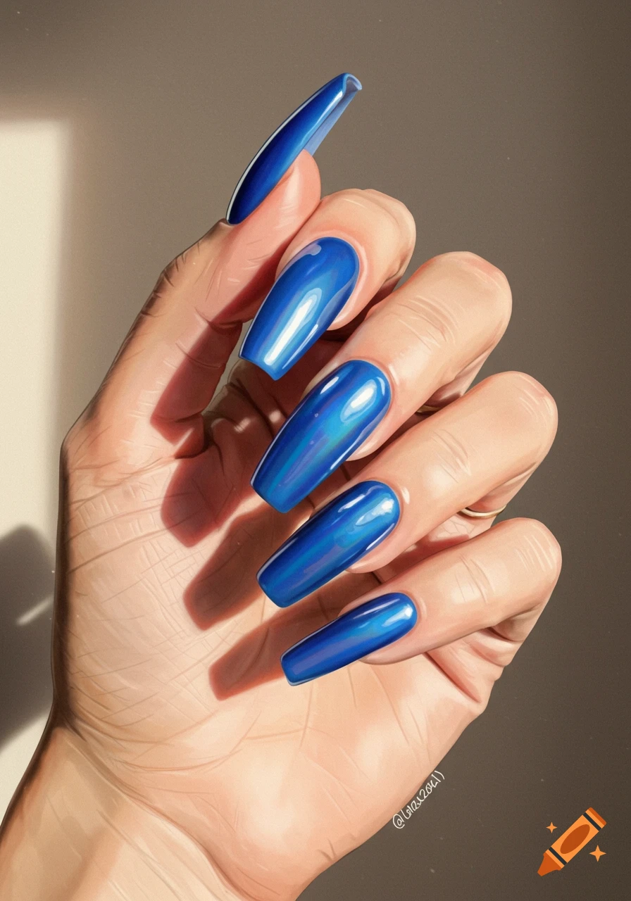 A hand with long, shiny blue nails in sunlight.