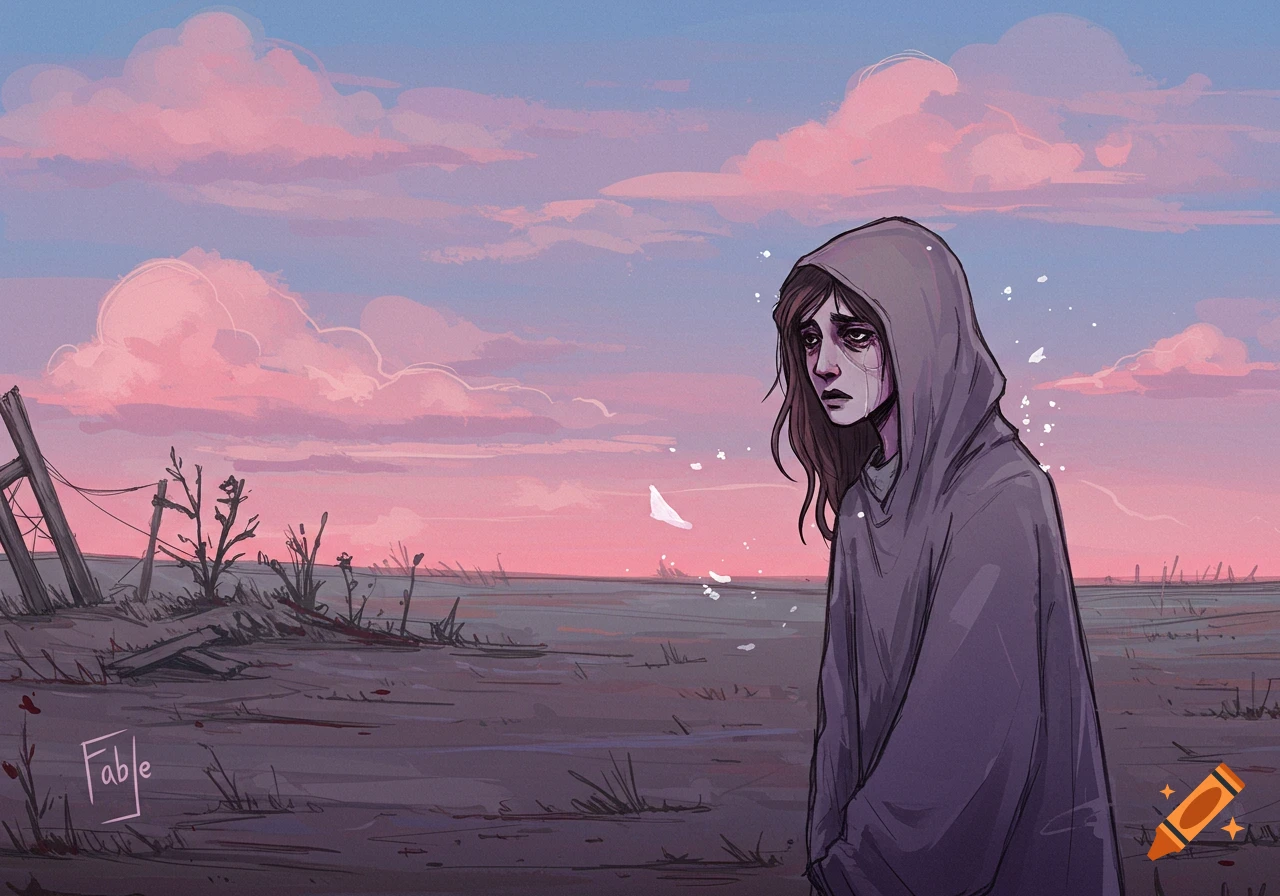 Illustration of a sad person in a hood standing in a desolate landscape at sunset.