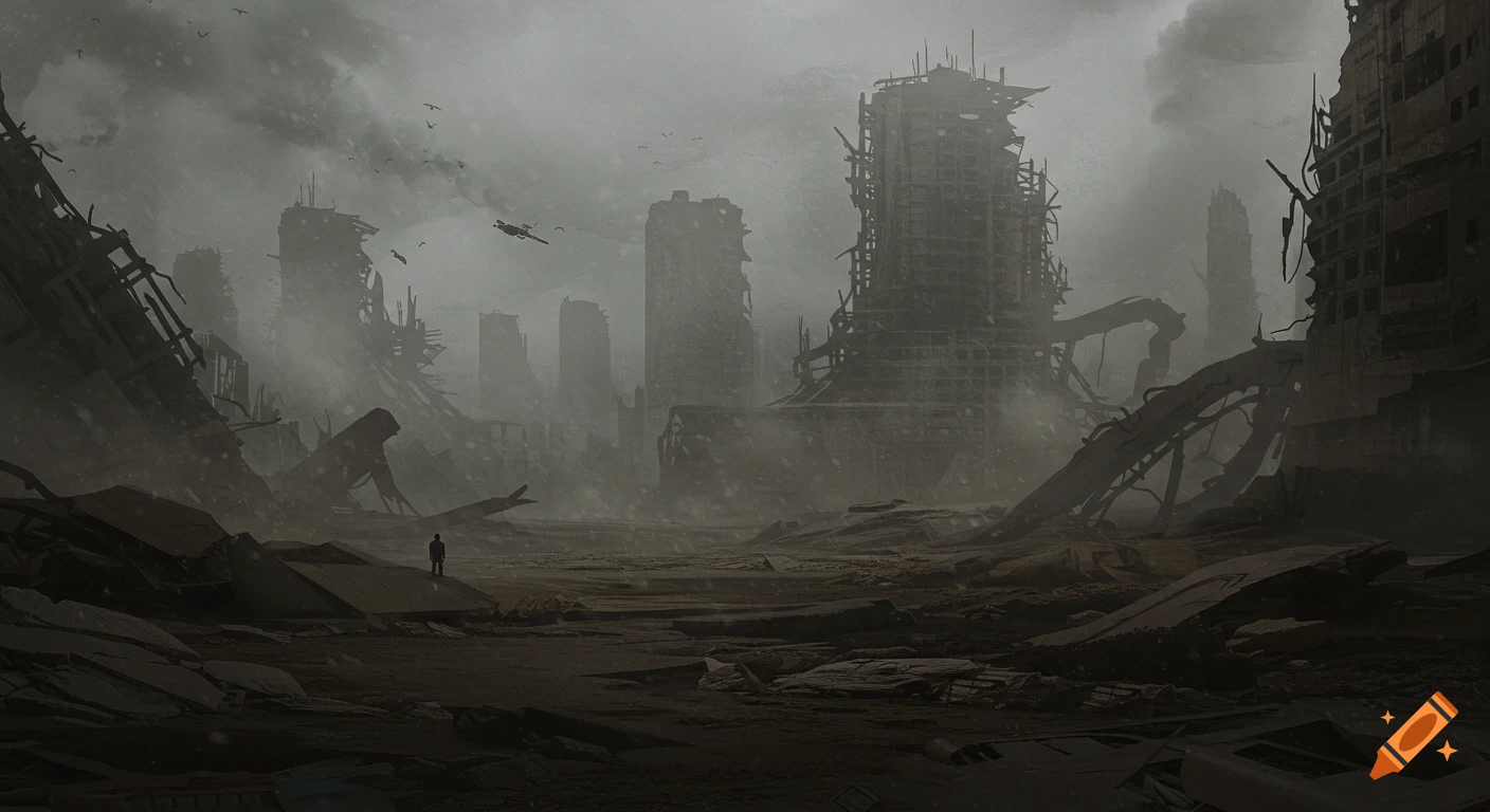 A lone figure stands in the desolate ruins of a city under a gloomy, dusty sky.
