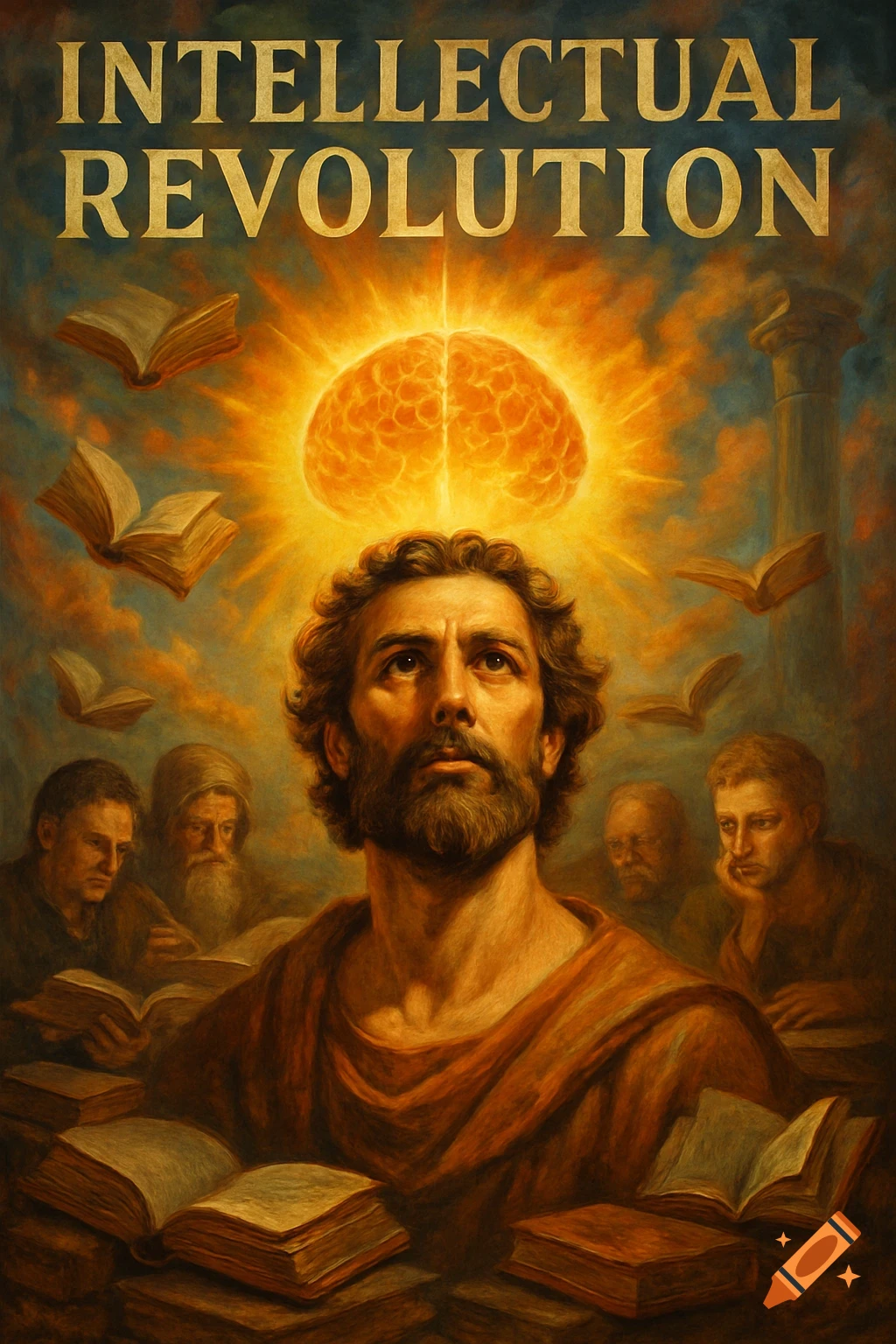 Painting of a man looking at a glowing brain with floating books and background figures. Text: INTELLECTUAL REVOLUTION.