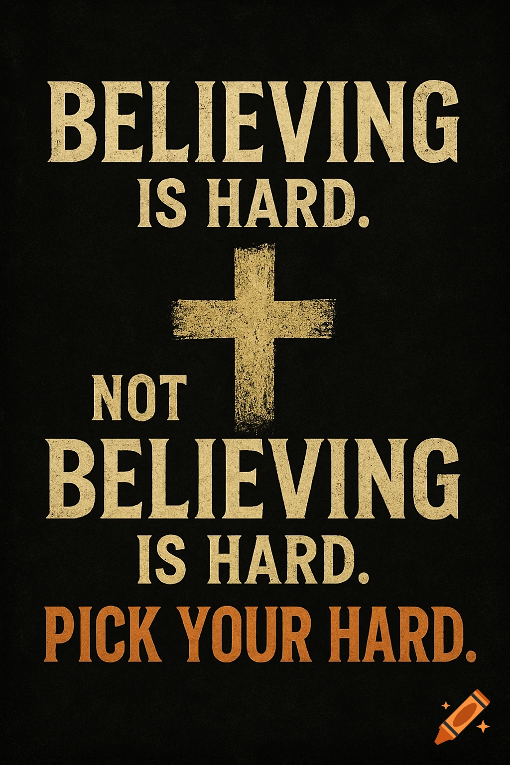 Christian quote 'Believing is hard. Not believing is hard. Pick your hard.' with a cross on a black background.