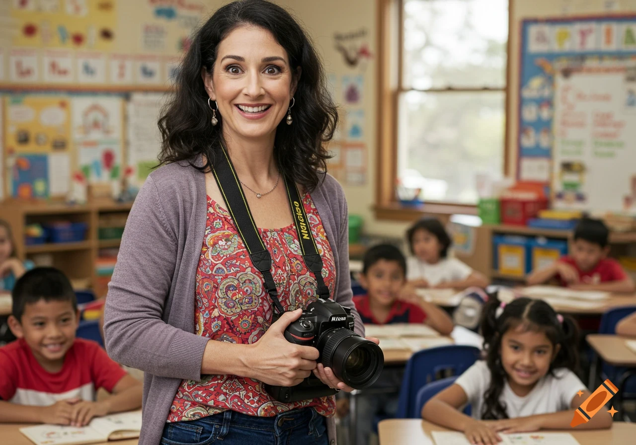 A smiling teacher holds a camera in a classroom with children.